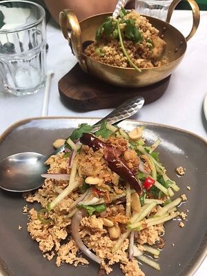 Crispy rice and soy pork salad at Mali Vegan Thai in South West London