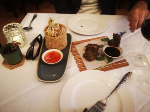 Spring rolls and chive cakes at Mali Vegan Thai in South West London