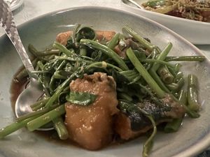 Pla pad prik with morning glory   at Mali Vegan Thai in South West London