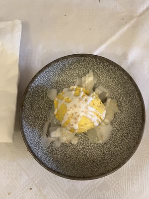 Mango sorbet and sticky rice  at Mali Vegan Thai in South West London