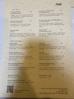 Menu  at Mali Vegan Thai in South West London