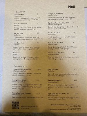 Menu  at Mali Vegan Thai in South West London