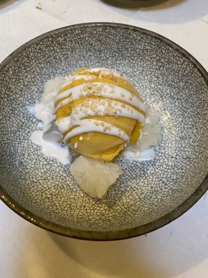 Mango ice cream with coconut jelly and sticky rice  at Mali Vegan Thai in South West London
