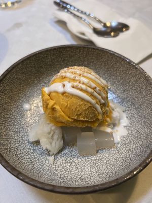 Mango ice cream with coconut jelly and sticky rice   at Mali Vegan Thai in South West London