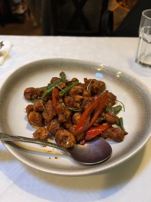 Kark Moo Tip Prik King (vegan pork crackling & green beans)   at Mali Vegan Thai in South West London