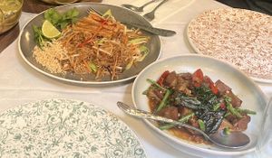 Pad Thai and Crispy pork stir fry   at Mali Vegan Thai in South West London