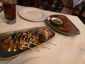 Tofu and mushroom skewers and thai bruschetta at Mali Vegan Thai in South West London
