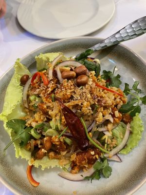 Spicy, zesty salad with crispy curried rice and mince  at Mali Vegan Thai in South West London