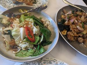 Pad Pak Pla Kem Top and Pad Kee Mao (I think! We went around a month ago but both dishes were delicious and devoured by my omnivore brother) at Mali Vegan Thai in South West London