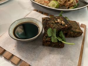 Chive cakes  at Mali Vegan Thai in South West London