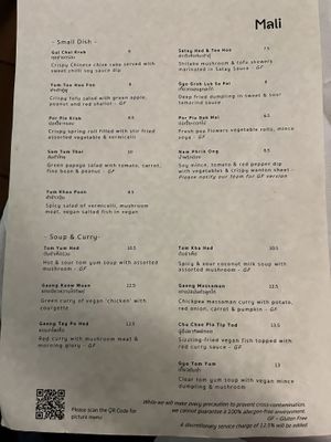 Menu  at Mali Vegan Thai in South West London