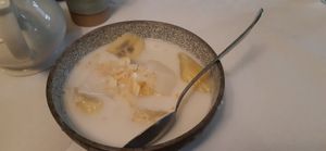 Dessert: banana in coconut sauce at Mali Vegan Thai in South West London