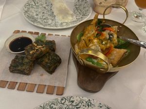 crispy chive cakes & deep fried dumplings  at Mali Vegan Thai in South West London