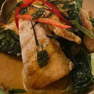 Mock fish with red curry saucee  at Mali Vegan Thai in South West London