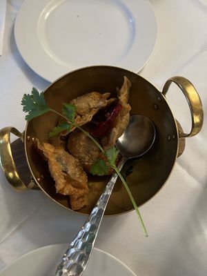 Gyo Grob Luk Sa Pai - the deep fried dumplings with tamarind sauce is a must try!  at Mali Vegan Thai in South West London