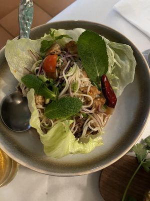 Yum Khao Poon - the vegan saltfish was amazing! This dish has such fresh flavours and is the perfect level of spicy.  at Mali Vegan Thai in South West London