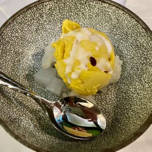 Mango ice cream with sticky rice & coconut jelly ❤️  at Mali Vegan Thai in South West London