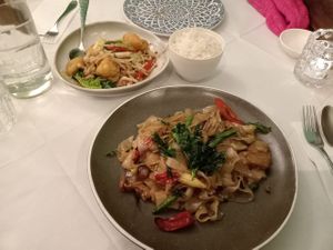 Pad Pak Ruam on top, Pad Kee Mao on the bottom. at Mali Vegan Thai in South West London