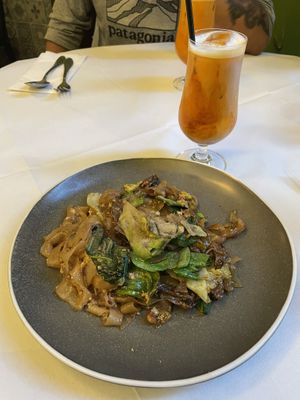 Pad see ew and boozy thai milk tea  at Mali Vegan Thai in South West London