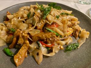 Pad kee mao with vegan duck at Mali Vegan Thai in South West London