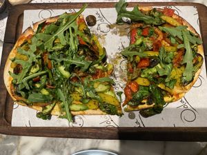 Vegan Flatbread. We ordered without red onion. There were loads of veggies and asparagus    at Oolaa - Tung Chung in Outlying Islands