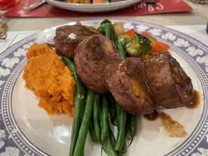 Vegan Christmas menu - vegan meatloaf, sweet potato mash, green beans, roast veggies  at Oolaa - Petite in Hong Kong Island