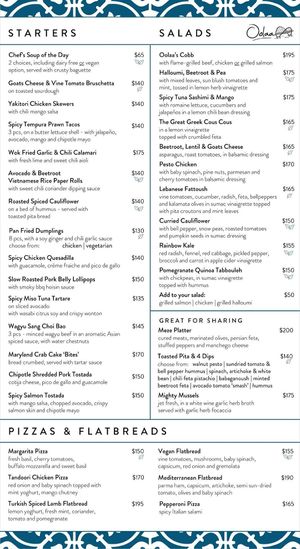 Menu for Starters, Salads, Pizzas and Flatbreads at Oolaa - TKO in New Territories