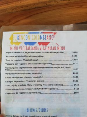 Vegetarian menu at El Rincon Colombiano in El Valle De Anton