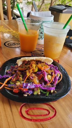 Vegan Arepa, Mango & Pina Juice at El Rincon Colombiano in El Valle De Anton