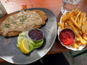 Vegan jagerschnitzel with fries  at Ludwigs in Mountain View