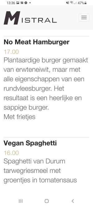 Menu at MISTRAL in Bree