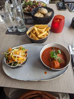 Vegan meatballs and a side of chips. at MISTRAL in Bree