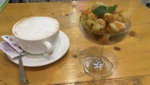 Spiced potatoes and oat latte  at Always Happy Food co. in Kathmandu