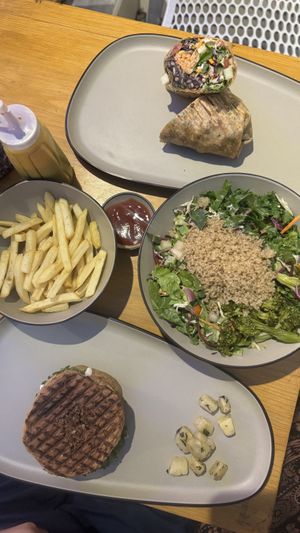 Burrito, steak burger, quinoa salad   at Always Happy Food co. in Kathmandu
