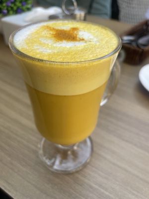 Kurkuma latte with soy milk  at Always Happy Food co. in Kathmandu