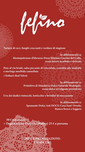 New Year with Fefino!
A series of natural, colorful and delicious courses, enclosed in a menu that will delight your palate.
Reservation required at the number in the photo. at Fefino in Trani