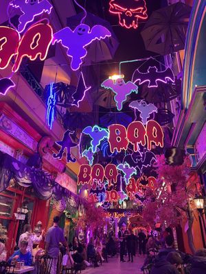 Halloween decorations in the evening  at Little Kook in Athens