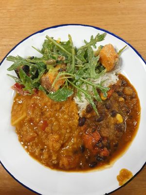tasty salad and 2 types of curry $14.90 at Realfoods Organic Cafe in Melbourne