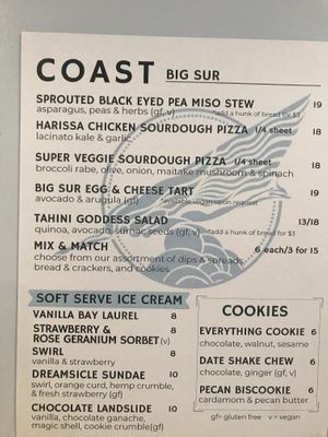 Menu at COAST in Big Sur