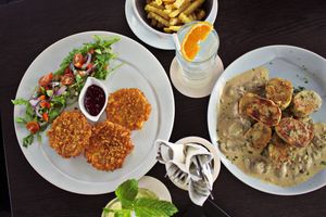 Celery Schnitzel (Vegan) and Dumplings in Mushroom Sauce (vegetarian) at Munich in Lagos
