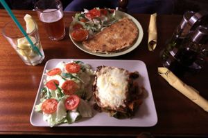 Vegetarian lasagna and quesadilla. at Macska in Budapest