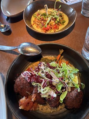 Red rice risotto (top) kadhi pakora (bottom)  at Root Down - 33rd Ave in Denver