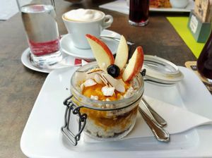 Desert with coconut rice, chocolate cake and mango at Kartausenkeller in Gaming