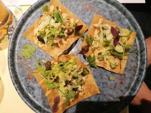 Wonton pizza, with amazing nori/seaweed topping at Veganees in Amsterdam