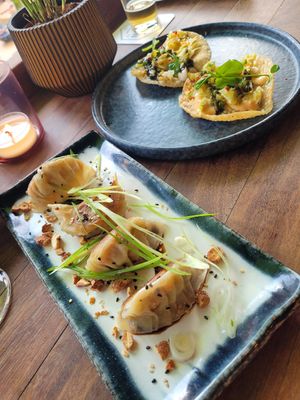 Gyozas & Wonton Pizza at Veganees in Amsterdam