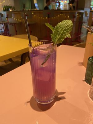 Magical lemonade after adding the lime juice. The colour changes to pink. It’s a nice lemonade: sweet, but fresh. at Veganees in Amsterdam