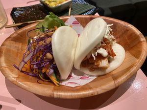 Sticky tofu bun (allright) and Crunchy tempeh (tasty)  at Veganees in Amsterdam