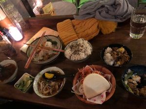 Jackfruit rendang, soup, bao bun, extra rice  at Veganees in Amsterdam