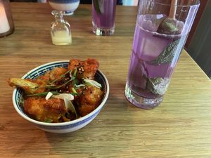 Korean fried cauliflower and Magic lemonade: both very good. The cauliflowers had a nice bite and a very tasty crust.  at Veganees in Amsterdam