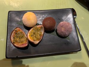 mochi (yuzu, Belgian chocoate, passion fruit)  at Veganees in Amsterdam